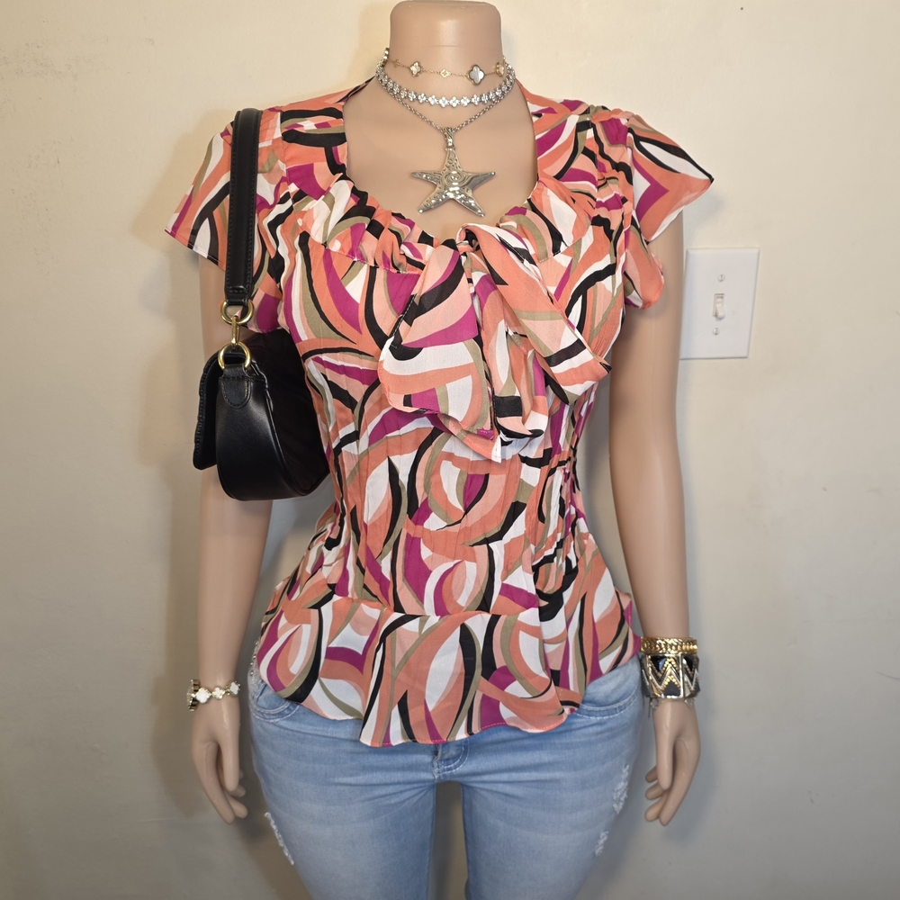 Bethany Pink Orange Abstract Ruffle Front Top